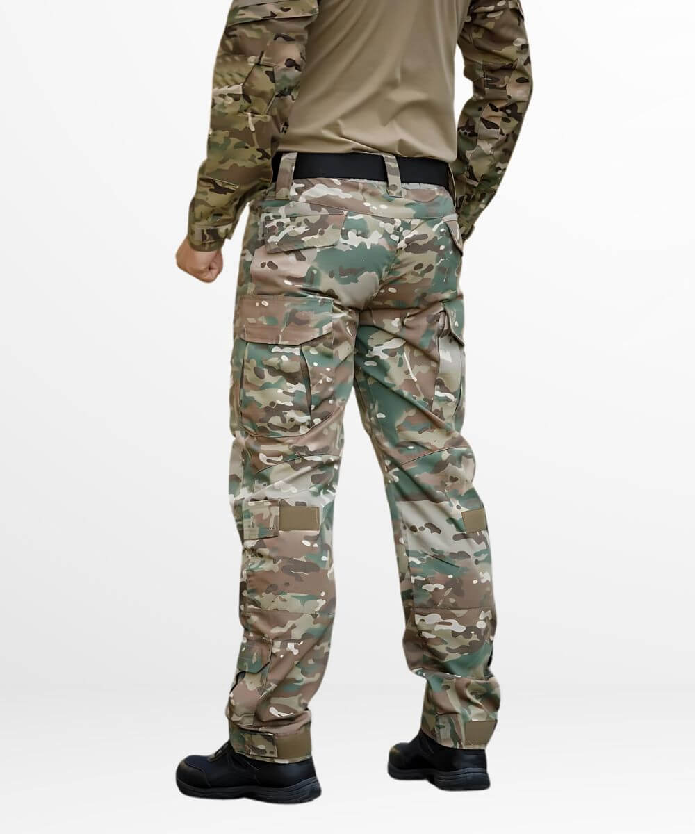 Back view of men's army camo cargo pants highlighting the utility pockets and belt, coordinated with a tactical shirt and boots.