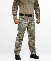 Men's army camo cargo pants with a front view, featuring multiple pockets and paired with a matching shirt and black combat boots.