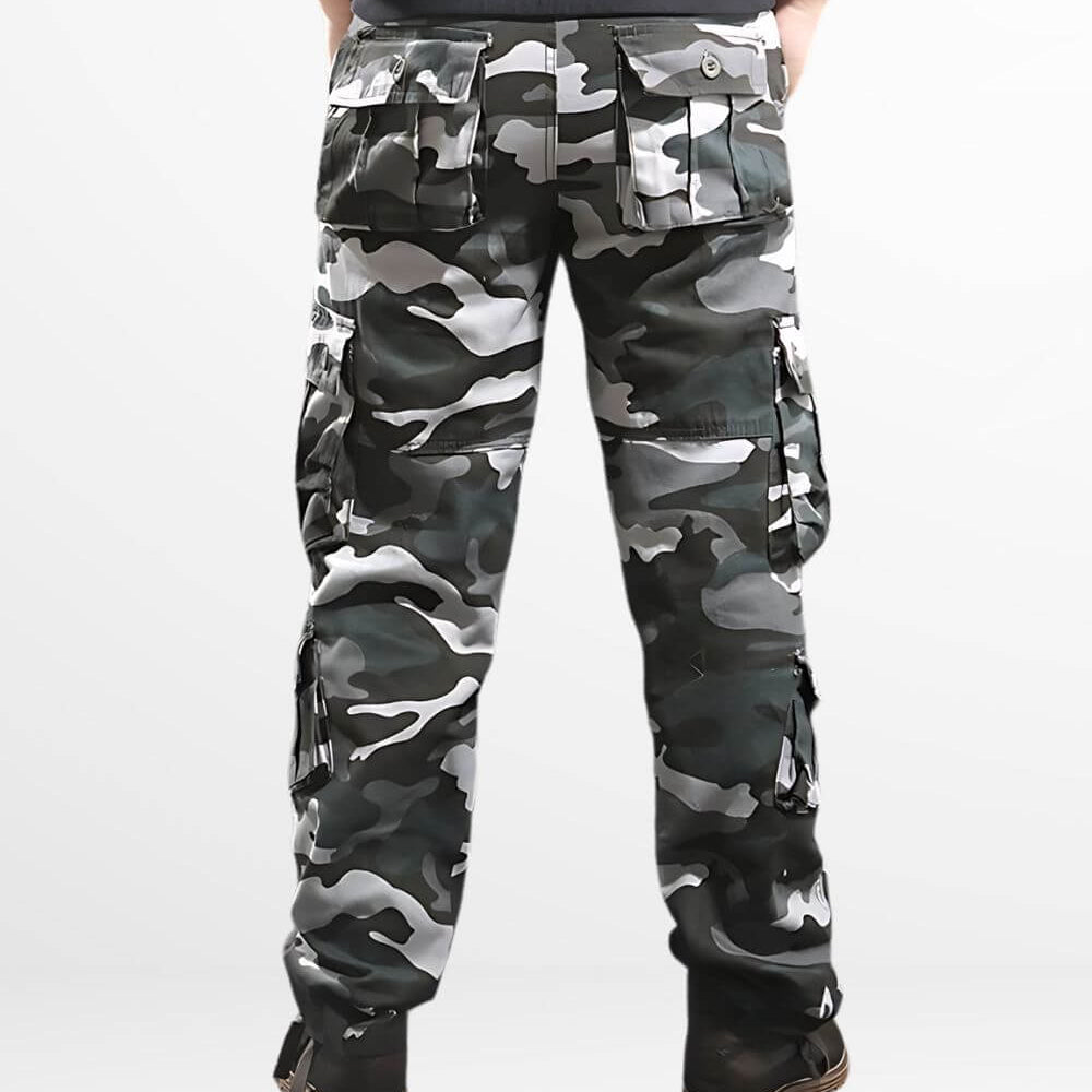 Back view of men's blue camo cargo pants highlighting the pocket style and casual fit.