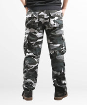 Back view of men's blue camo cargo pants highlighting the pocket style and casual fit.