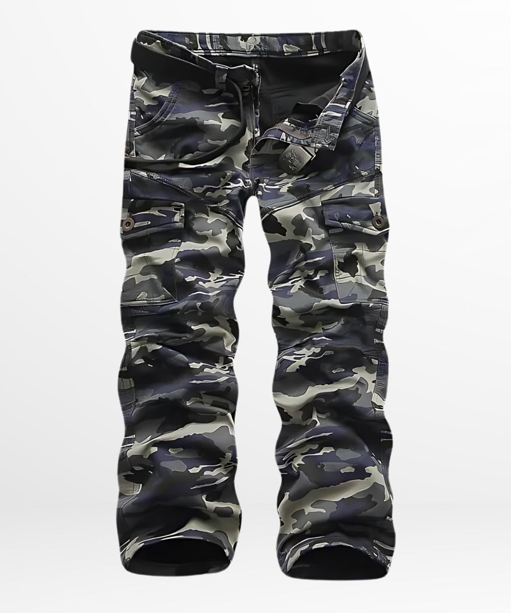 Men's cargo camouflage pants featuring a unique blue and green color scheme, blending urban fashion with classic camo styling.