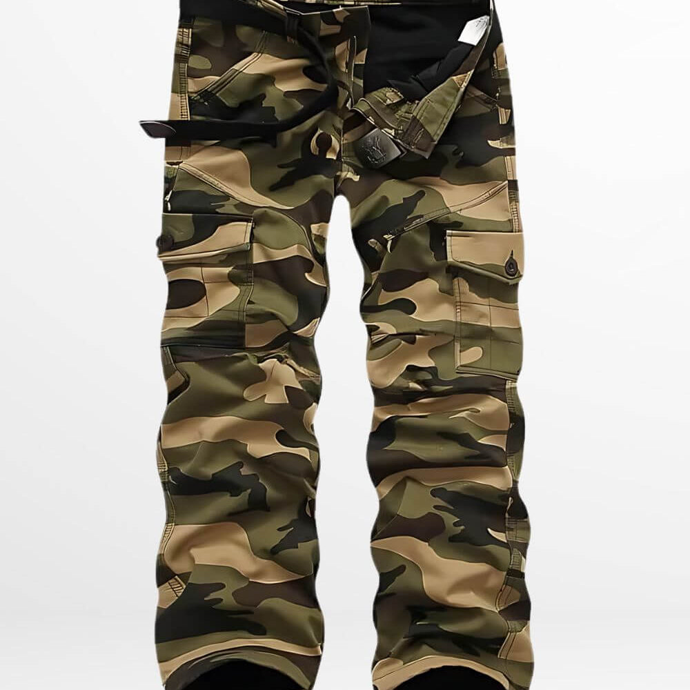 Men's cargo camouflage pants in a traditional green and brown pattern, ideal for tactical use or outdoor activities.