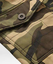 Detailed view of the button and stitching on men's cargo camouflage pants, highlighting the durable construction.