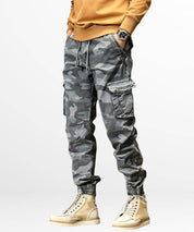 Casual men's cargo pants in blue camo print available online, perfect for street fashion.