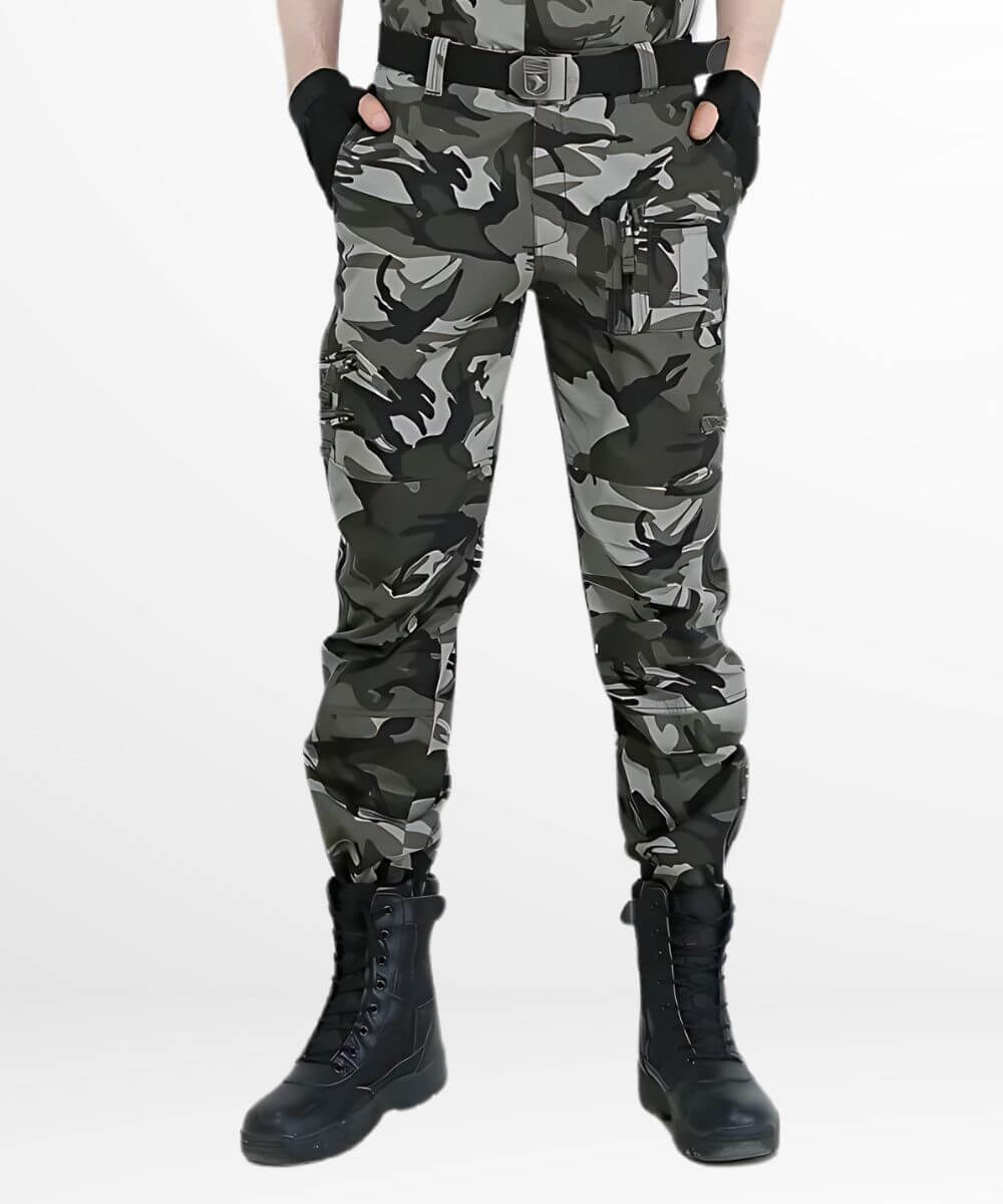 Front view of men's grey camo cargo pants with black boots and a tactical belt, ideal for outdoor activities.