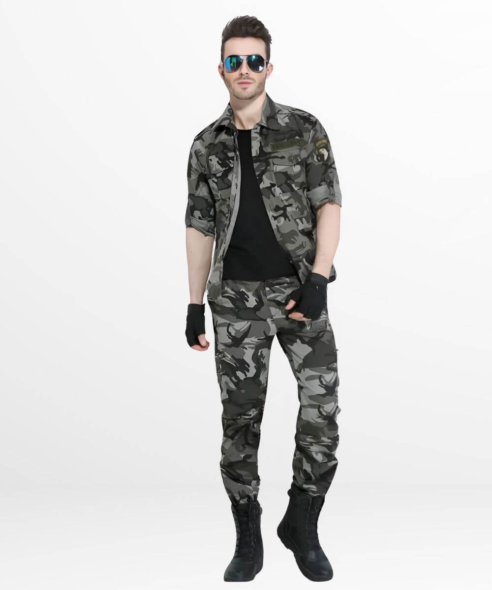 Relaxed fit of men's grey camo pants paired with a black shirt, a complete look for casual wear or outdoor adventures.