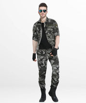 Relaxed fit of men's grey camo pants paired with a black shirt, a complete look for casual wear or outdoor adventures.
