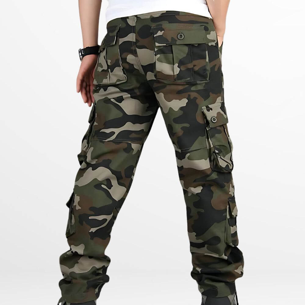 Rear view of men's hunting camouflage pants with ample pocket storage space.
