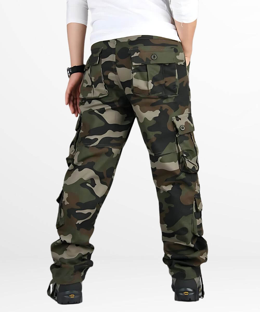 Rear view of men's hunting camouflage pants with ample pocket storage space.