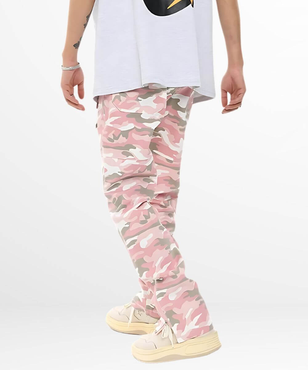 Back view of men's pink and white camo patterned cargo trousers with tapered fit and drawstring cuffs.