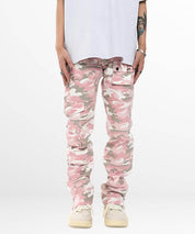 Front view of men's pink camouflage cargo trousers paired with casual white tee and beige sneakers.