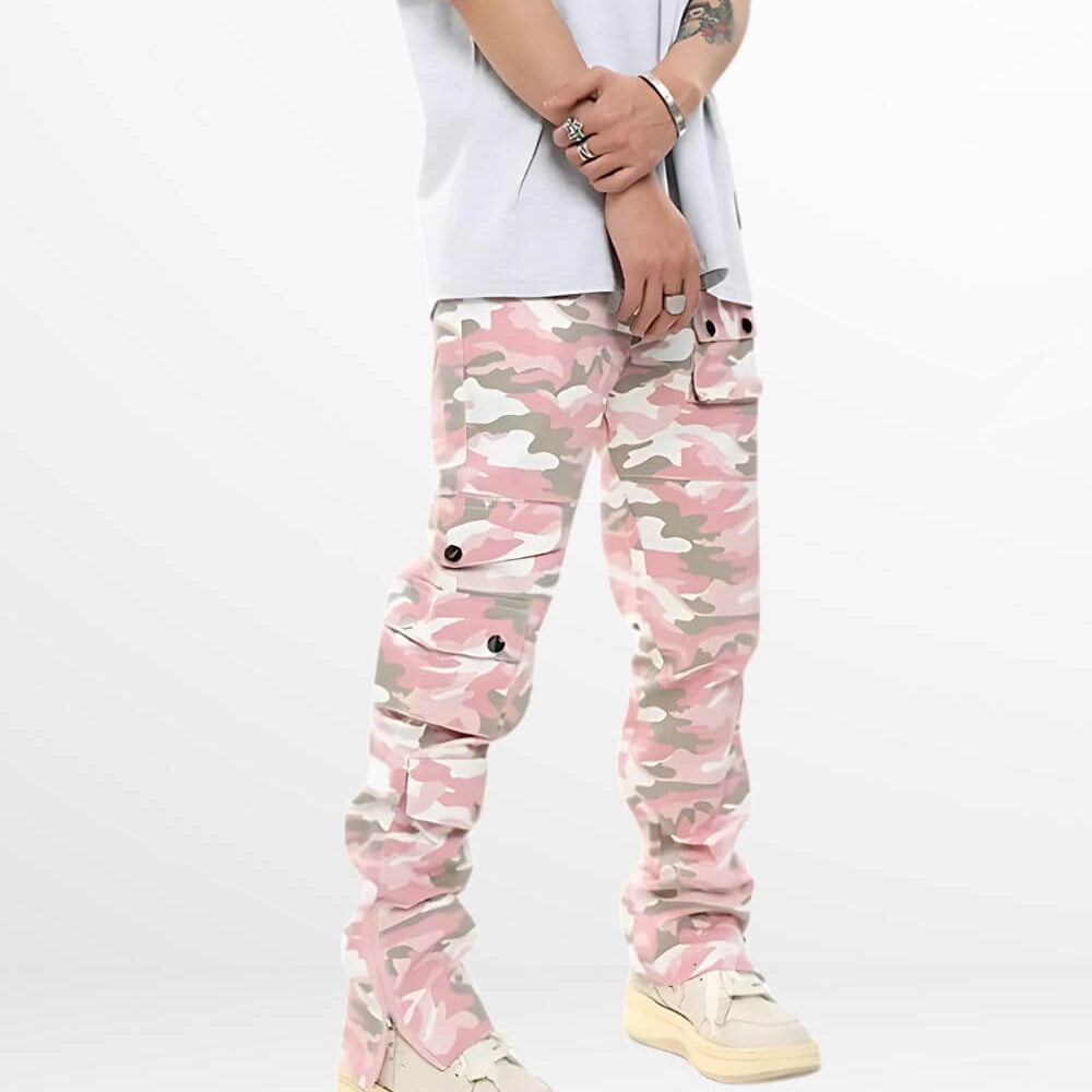 Side view of men's pink camo print cargo trousers showcasing spacious pockets and relaxed fit.
