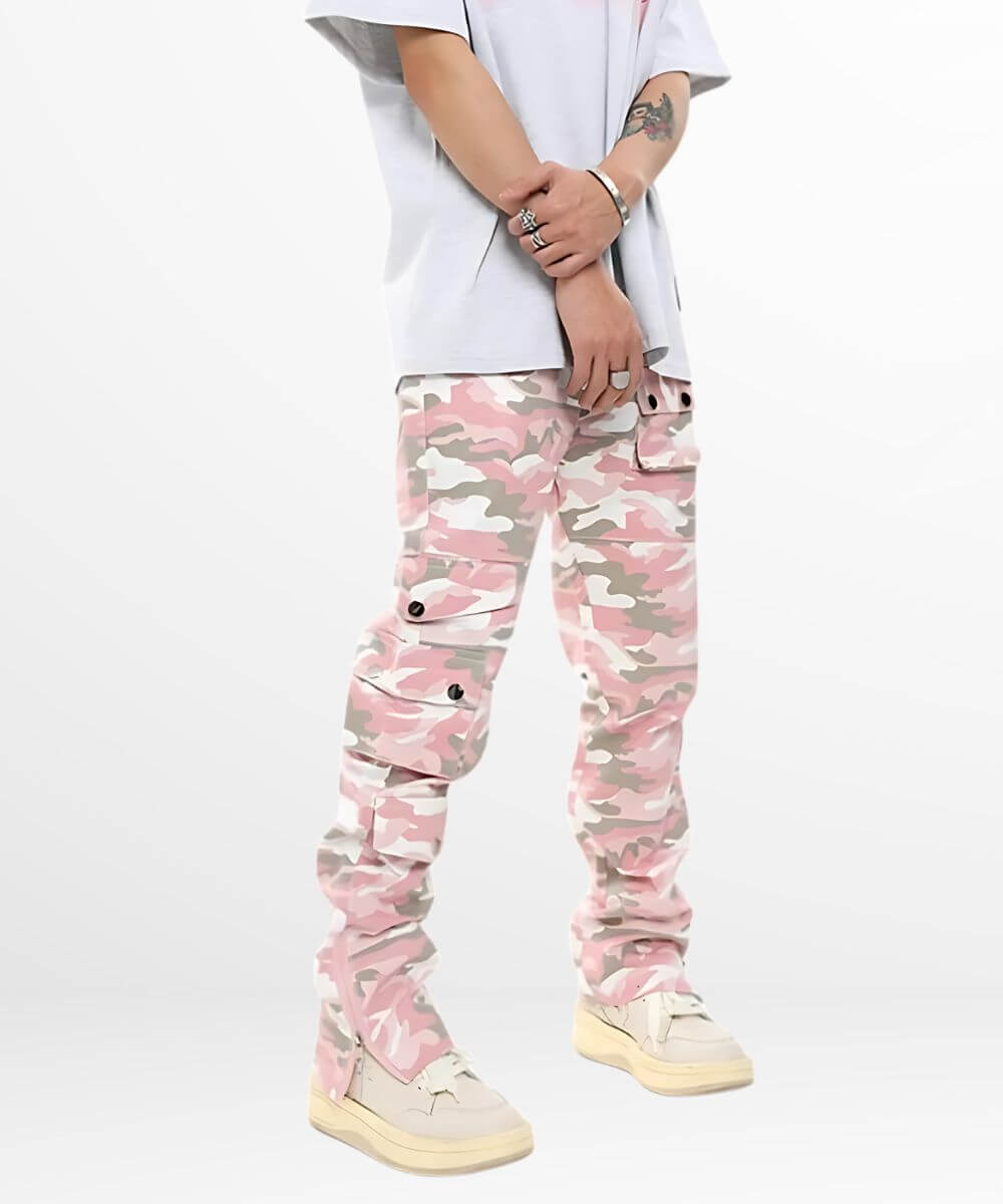 Side view of men's pink camo print cargo trousers showcasing spacious pockets and relaxed fit.