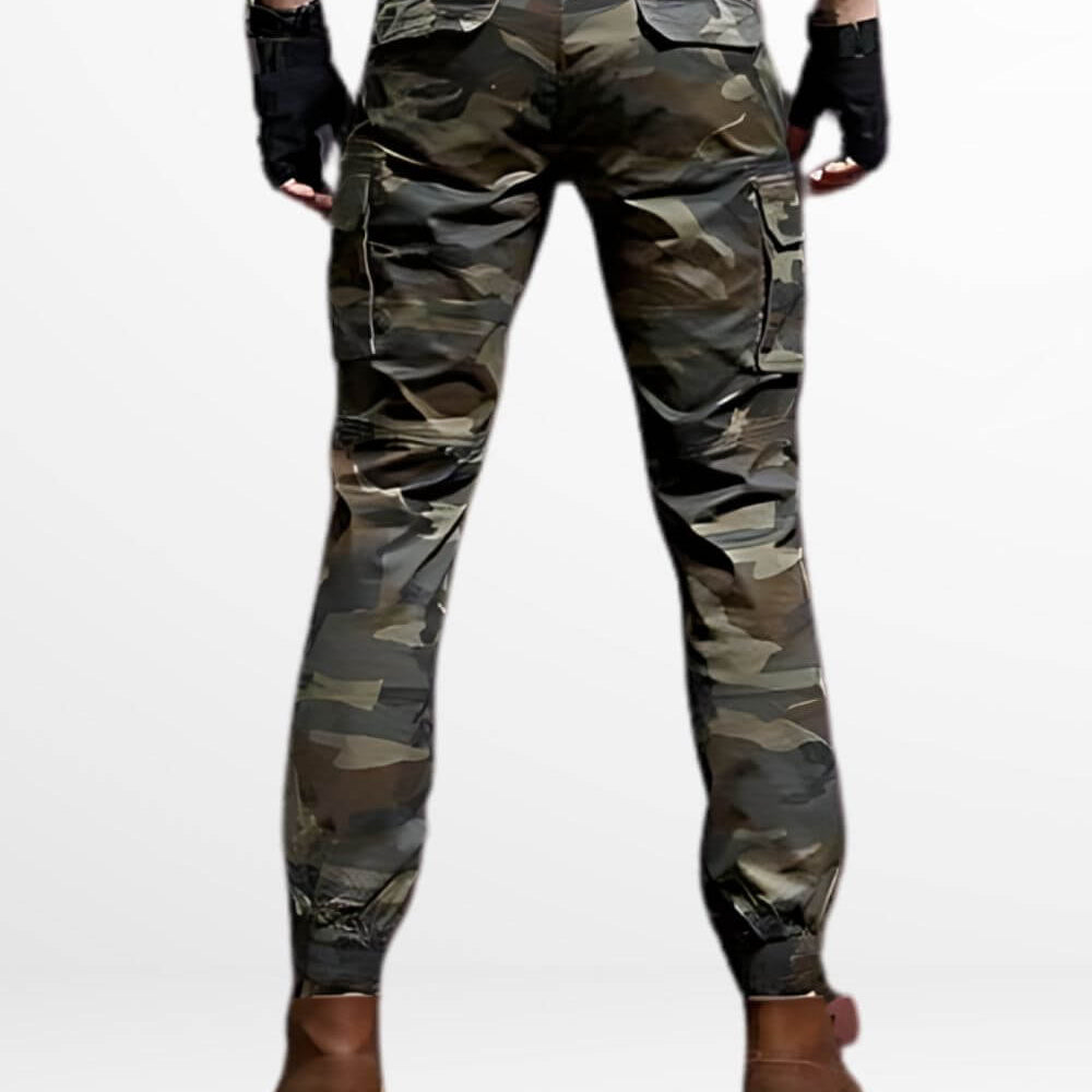 Close-up of the back pocket and waistband details on men's slim-fit camo cargo pants, emphasizing the casual yet functional style.