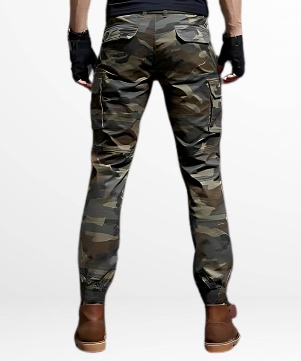 Close-up of the back pocket and waistband details on men's slim-fit camo cargo pants, emphasizing the casual yet functional style.