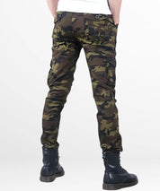 Back view of men's slim fit camouflage pants with detailed pocket design.