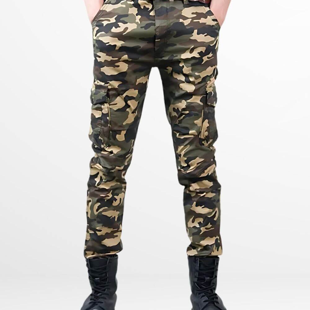Casual style men's slim fit camo pants with a white top and black lace-up boots.