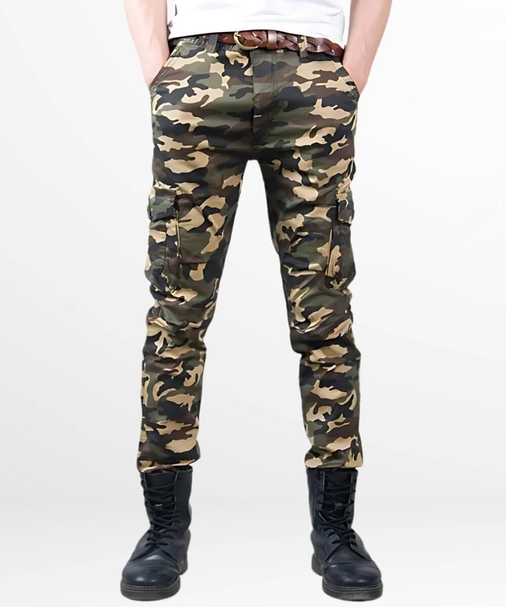 Casual style men's slim fit camo pants with a white top and black lace-up boots.