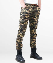 Side view of men's slim fit camo pants highlighting the tapered leg fit.