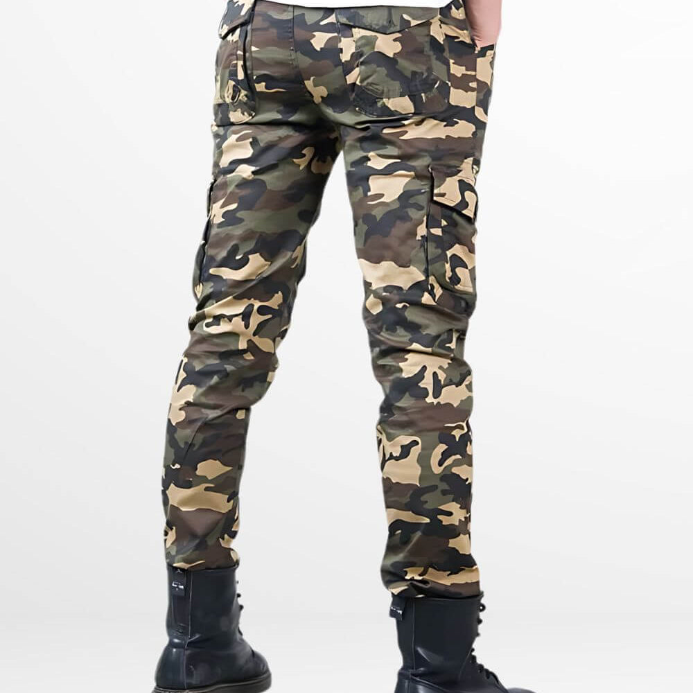 Stylish wear of men's slim fit camo pants for a modern urban look.