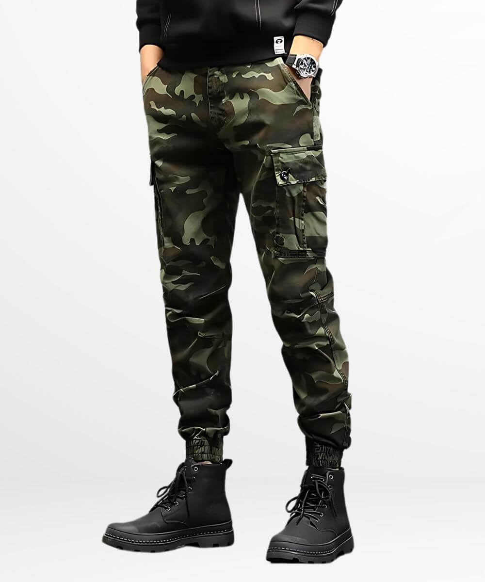 Full outfit featuring military-style camo cargo pants paired with a casual black top and sturdy combat boots.