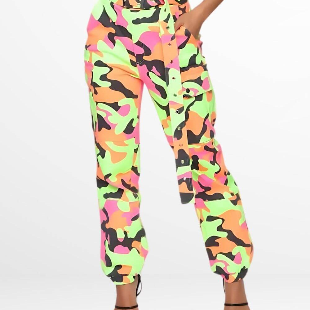 Front view of neon green camo cargo pants with high waist and slim fit design.