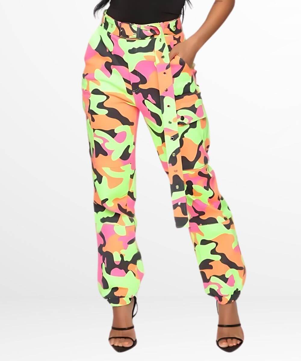 Front view of neon green camo cargo pants with high waist and slim fit design.
