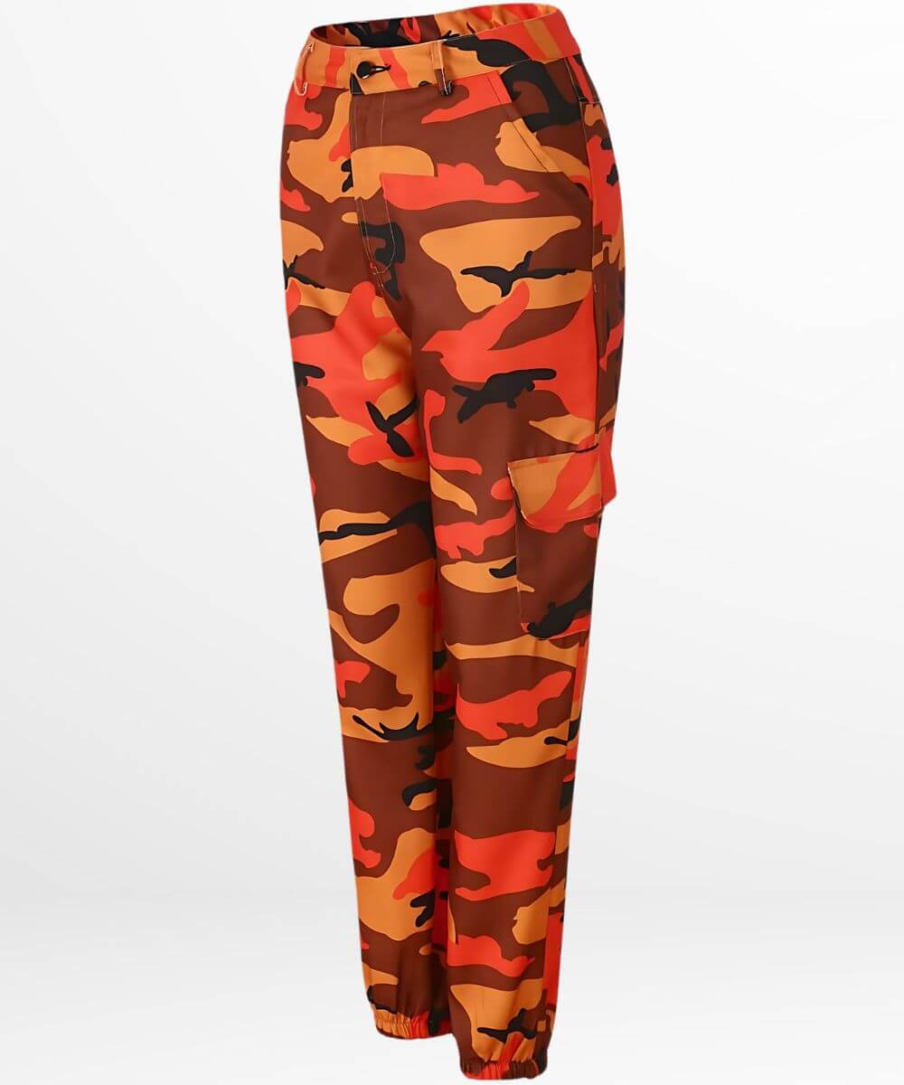 Casual fit orange and black camouflage pants with side pockets and cinched ankles.