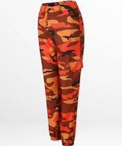 Casual fit orange and black camouflage pants with side pockets and cinched ankles.
