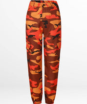 Relaxed design of orange and black camo pants with a loose fit and adjustable waist.