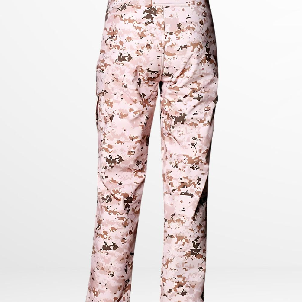 Back view of men's pink camouflage pants, highlighting the detailed rear pockets and stylish cut.
