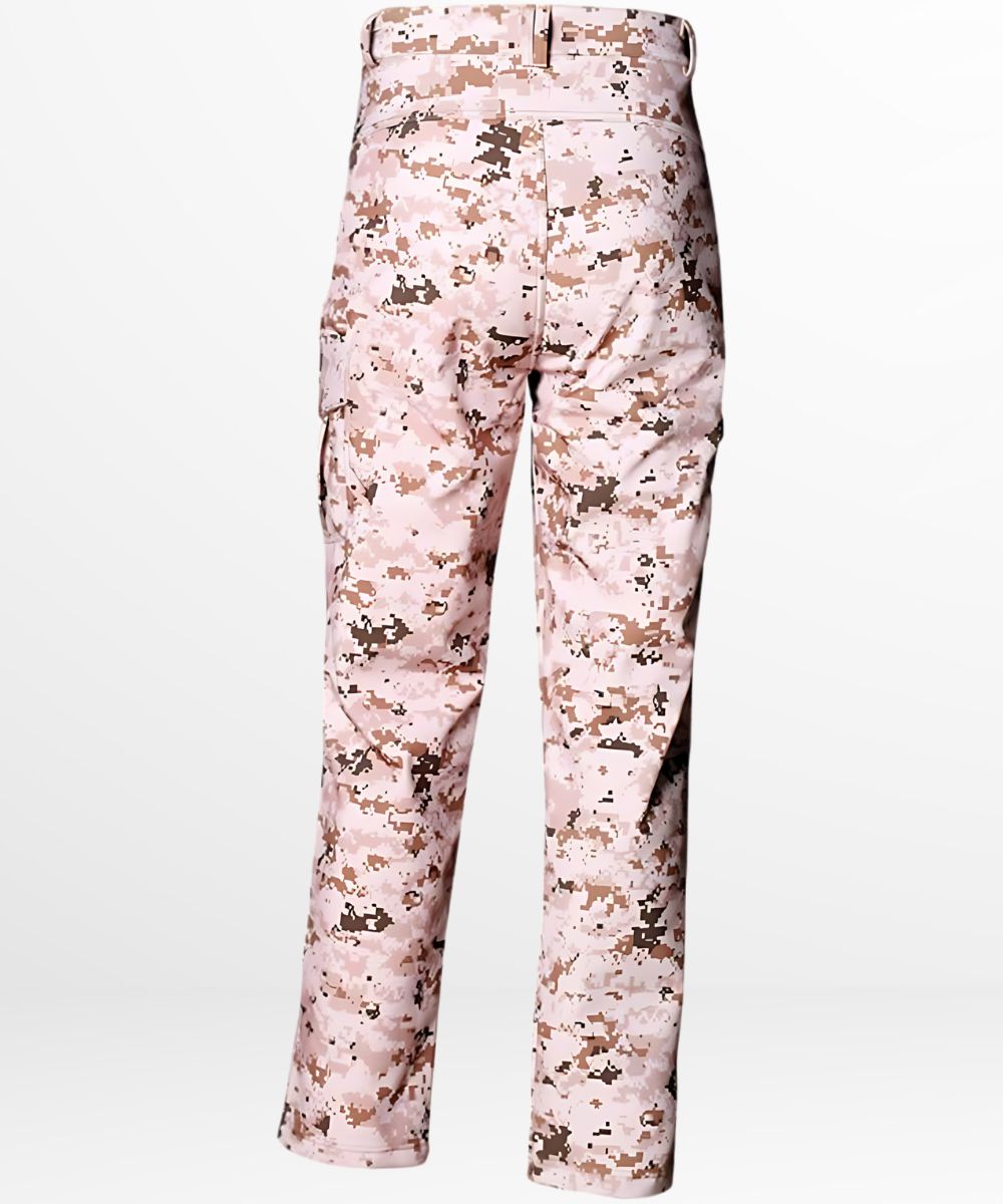 Back view of men's pink camouflage pants, highlighting the detailed rear pockets and stylish cut.