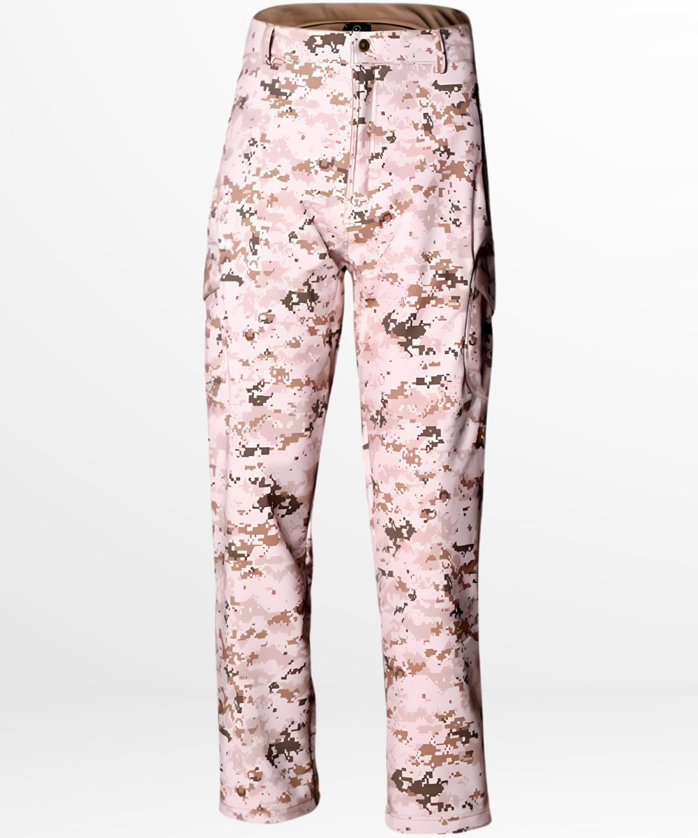 Front view of men's pink camo pants with a contemporary pixelated pattern and a slim fit.