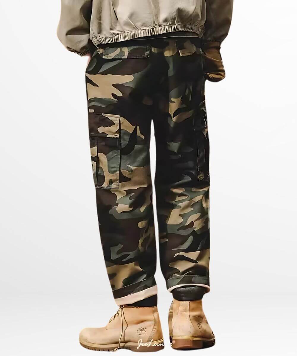 Plus-size camo pants for men showcasing the ample pocket space and comfortable fit from behind.