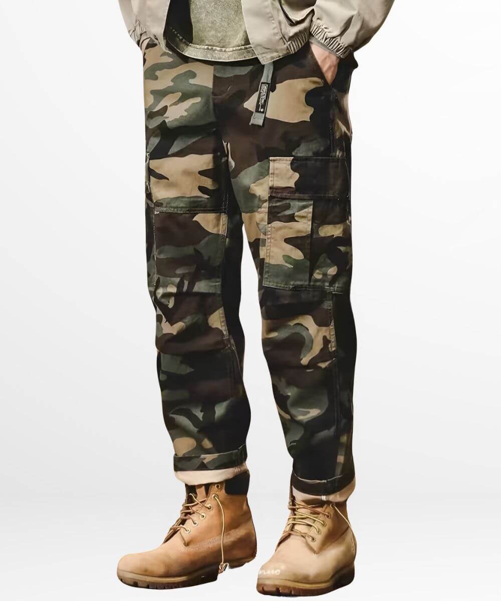 Streetwear vibe with plus-size camo pants for men, combined with durable work boots.
