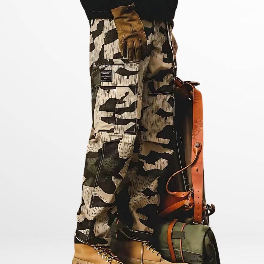 Casual style featuring plus-size camo pants for men with a side bag, ideal for utility and fashion.