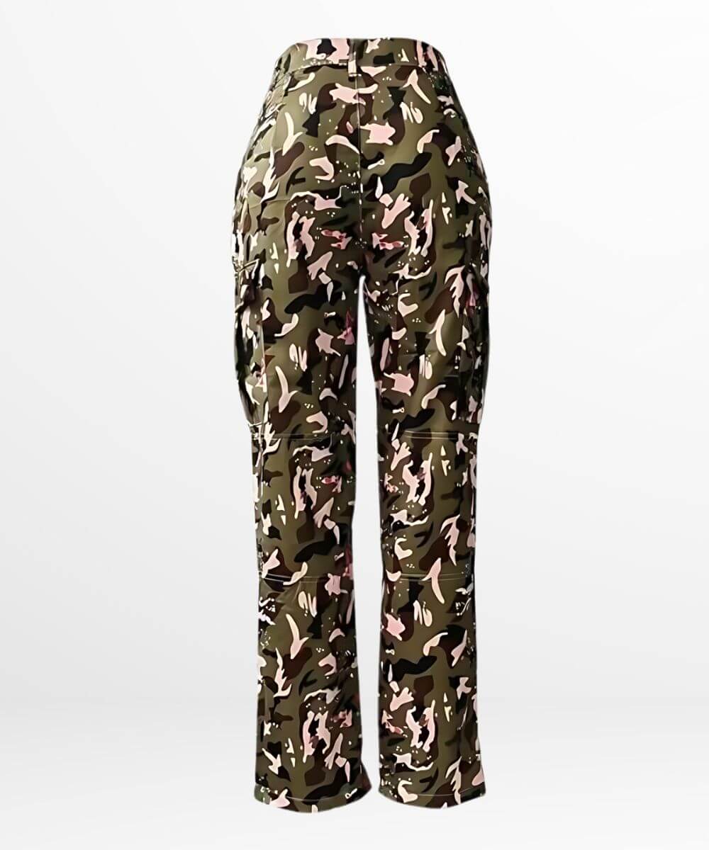 Plus-size pink camo cargo pants back view, showcasing the back pockets and camo design.