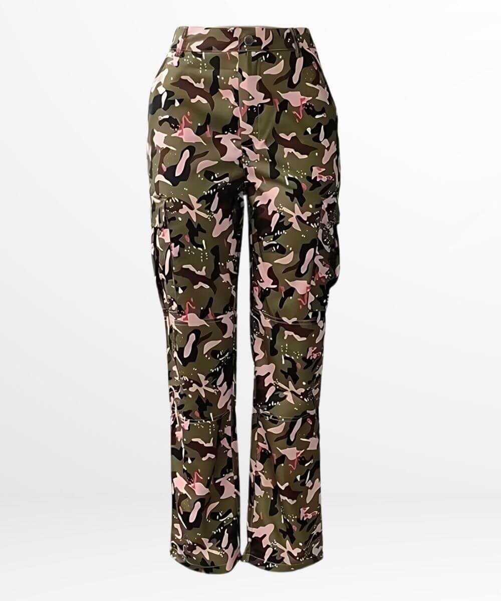 Plus-size pink camo cargo pants front view, highlighting the vibrant pattern and tailored fit.