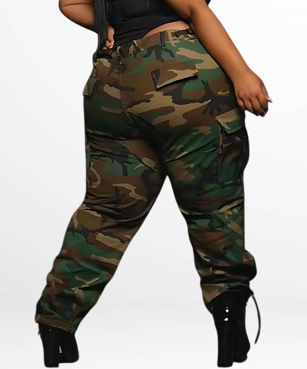 Back view of plus-size camo pants showing a comfortable fit and trendy style with high-heeled boots.