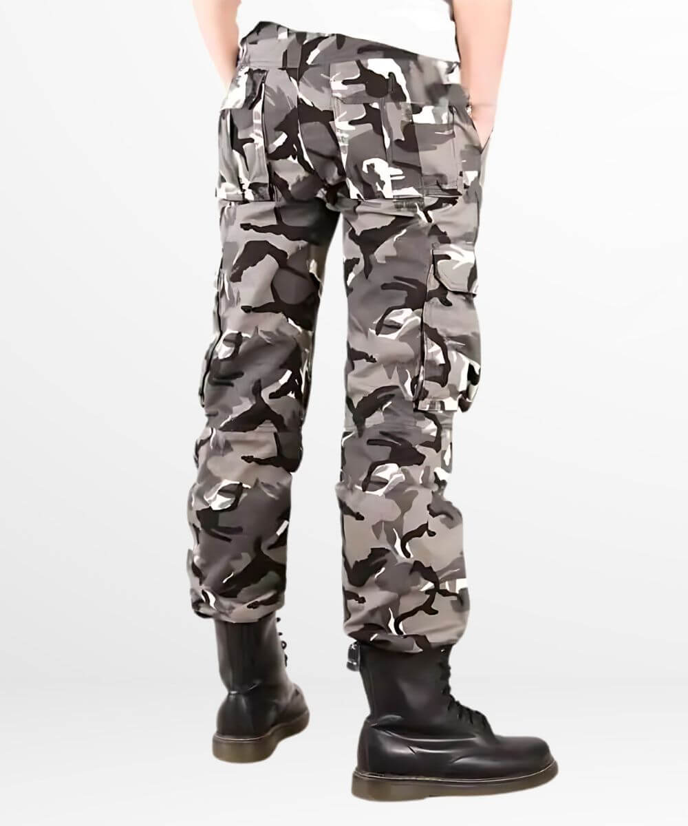 Close-up on the rear pocket detail of white and black camo cargo pants, showcasing the utilitarian design.