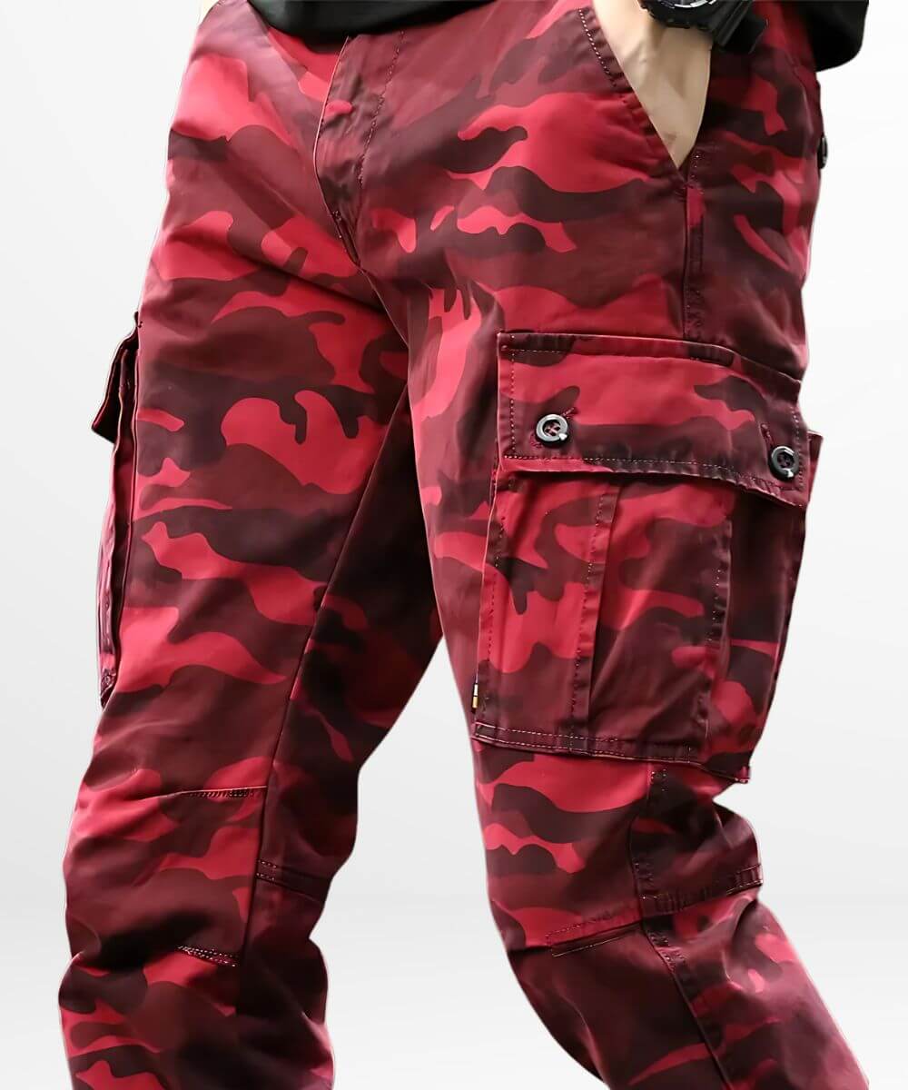 Close-up of the utility pocket on Red Camo Cargo Pants Mens, highlighting the red camouflage pattern.