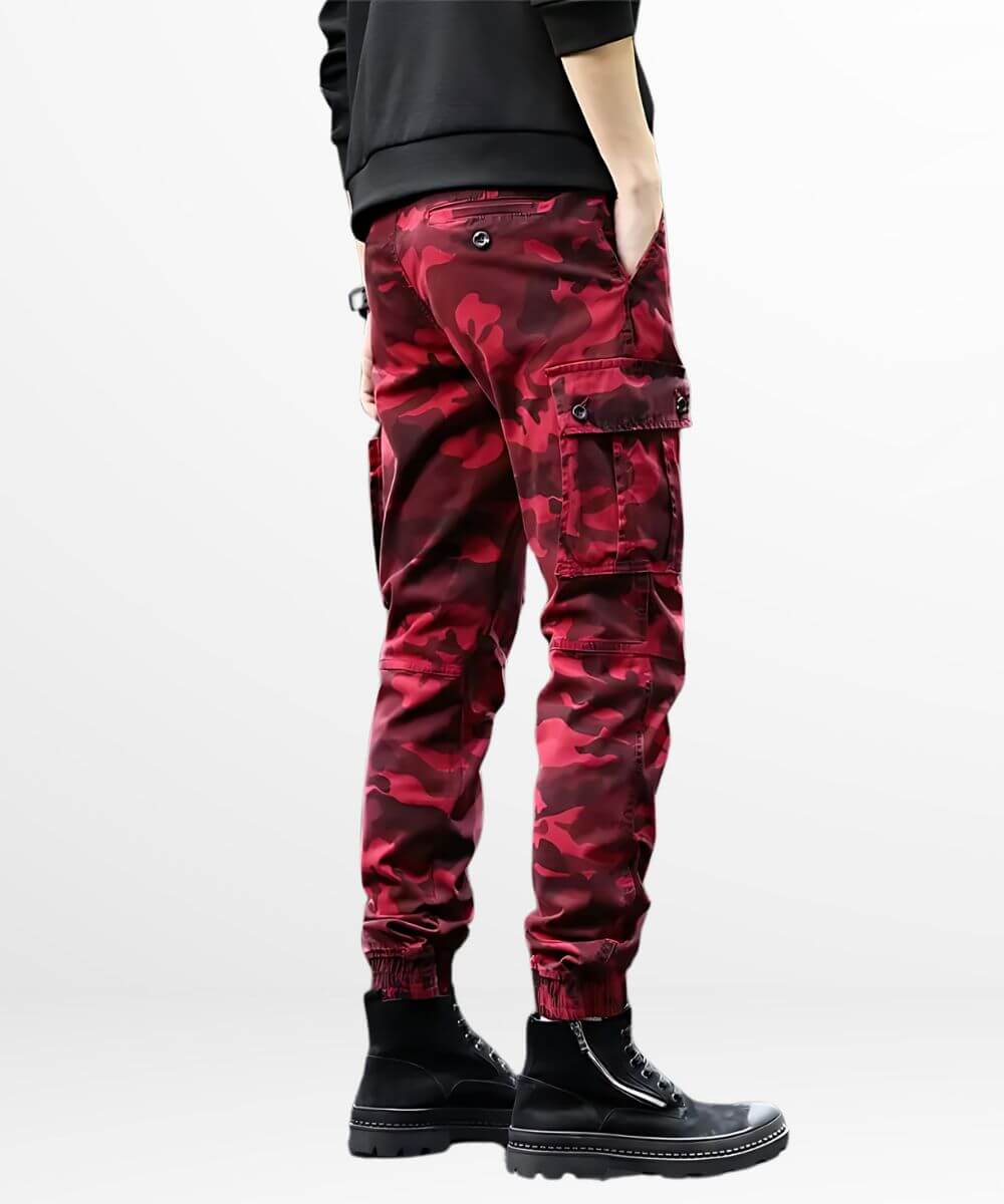 Casual side view of Red Camo Cargo Pants Mens with contemporary black boots.