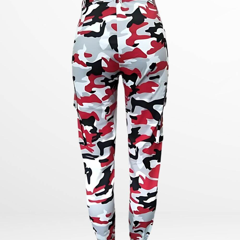 Back view of red camo cargo pants for women, highlighting the pocket details and fitted design.