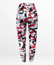 Back view of red camo cargo pants for women, highlighting the pocket details and fitted design.