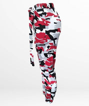 Side view of red camouflage cargo pants for women, showcasing the sleek silhouette and side pockets.