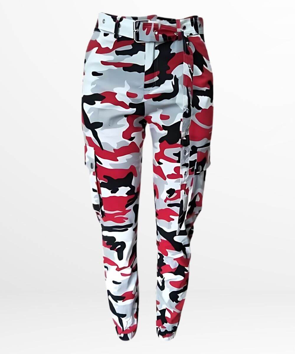 Three-quarter view of a woman modeling red camo cargo pants with a contemporary design and tapered leg.