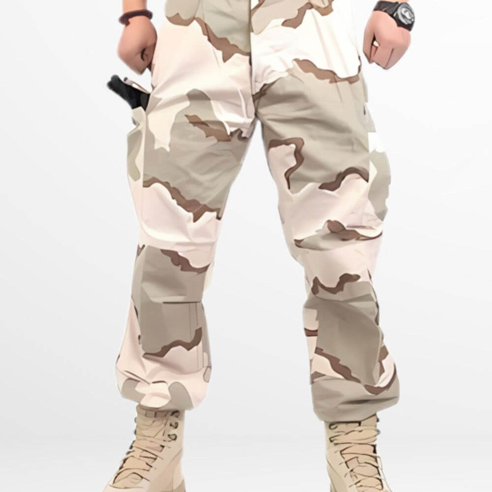 A pair of sand camouflage cargo pants featuring a cinched belt and cuffed ankles, styled with beige combat boots.