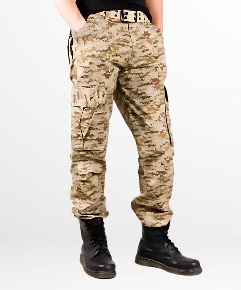 Side view of men's desert camo pants emphasizing the loose fit and utility pocket layout.