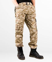 Side view of men's desert camo pants emphasizing the loose fit and utility pocket layout.