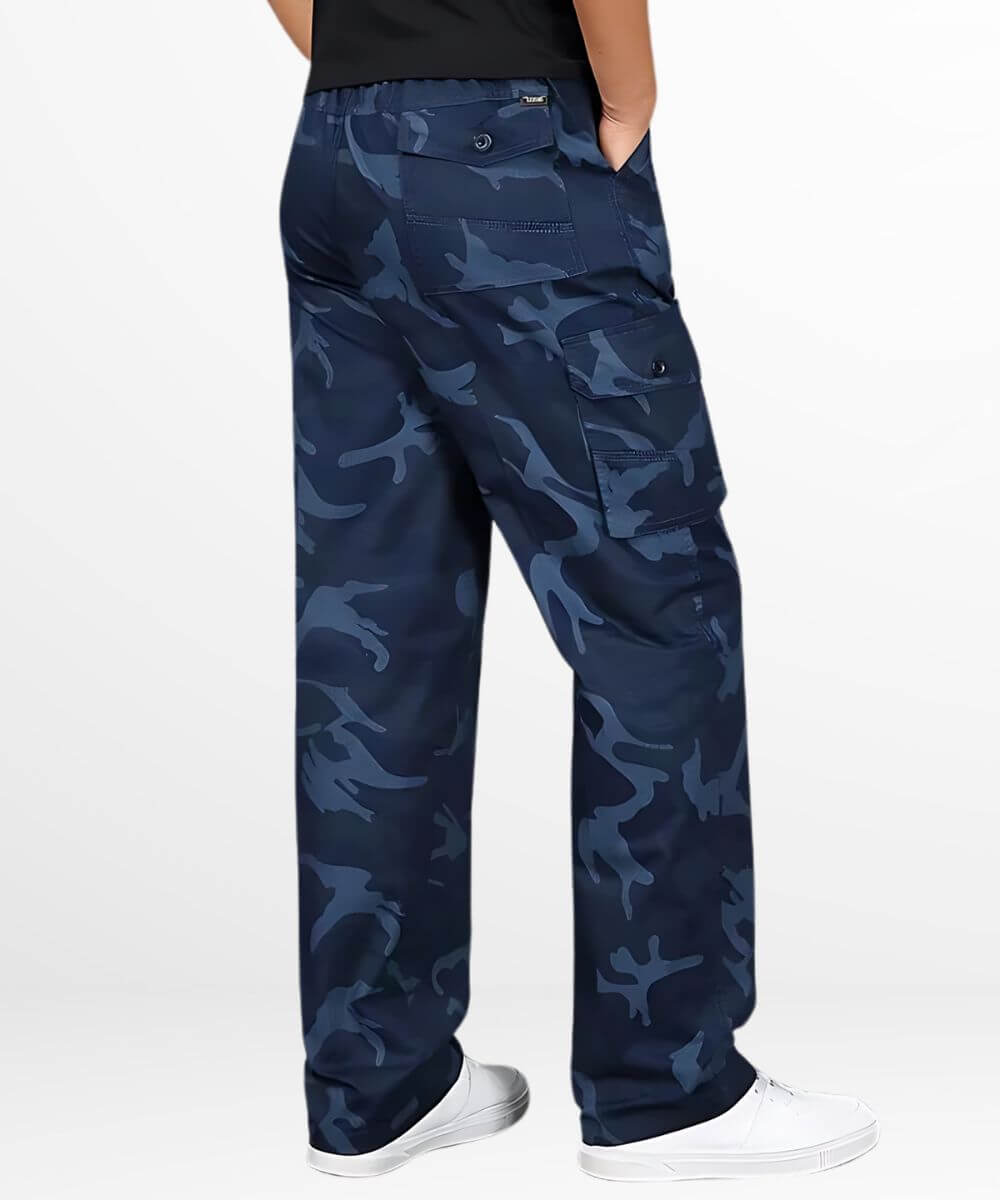 Side view of navy blue camo cargo pants, displaying the intricate camo pattern and utilitarian pocket design, ideal for a functional yet stylish outfit.